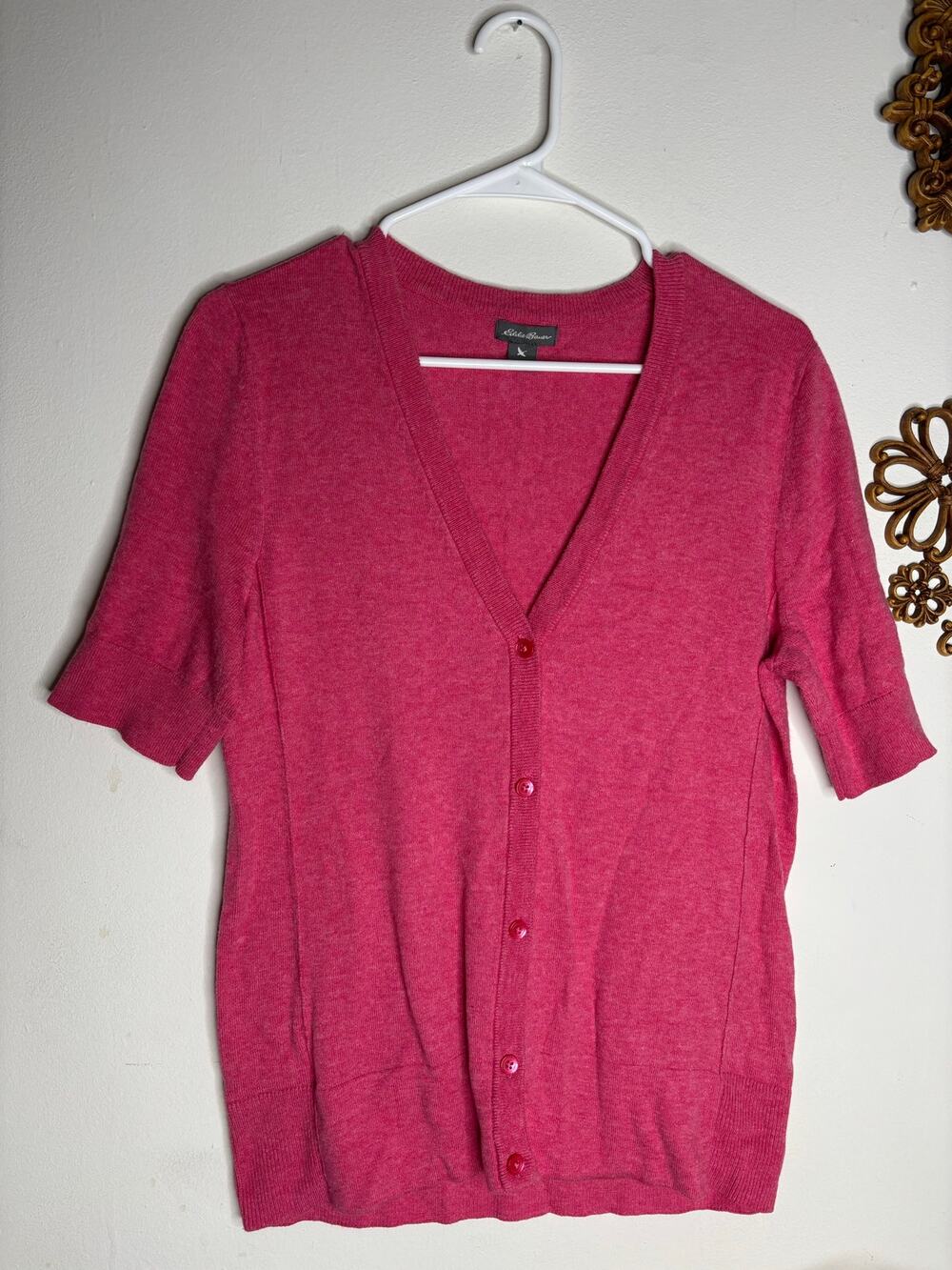 Eddie Bauer Pink Short Sleeve Cardigan Sweater Womens Medium V-Neck Button Front